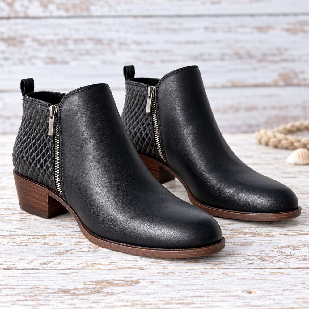 NIB Lucky Brand Basel Black Leather Embossed Double Zip Booties 7M #1312
